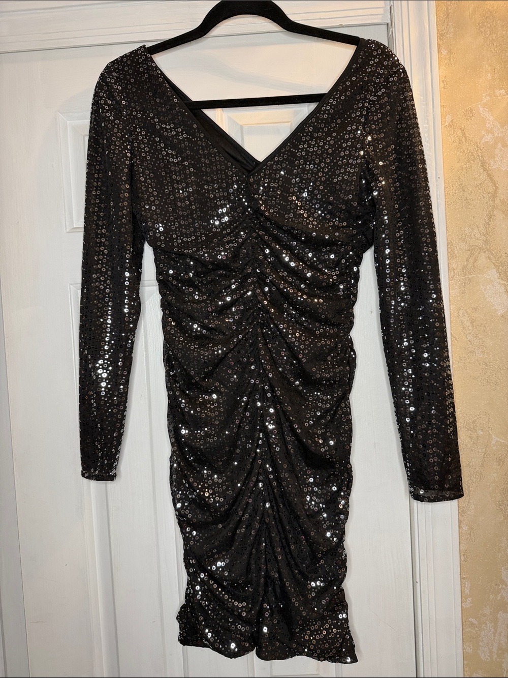 Guess Black Sequin Ruched V-Neck Women’s Dress